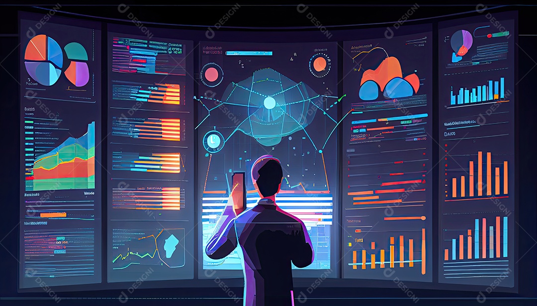 Analista trabalhando no painel de análise de negócios.