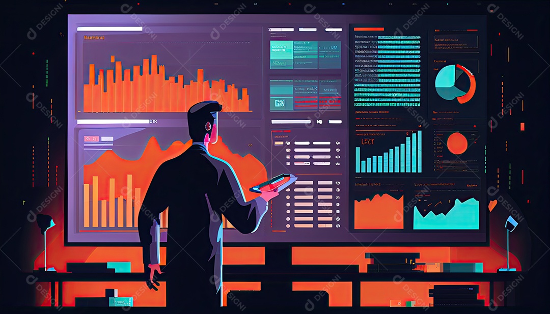 Analista trabalhando no painel de análise de negócios.