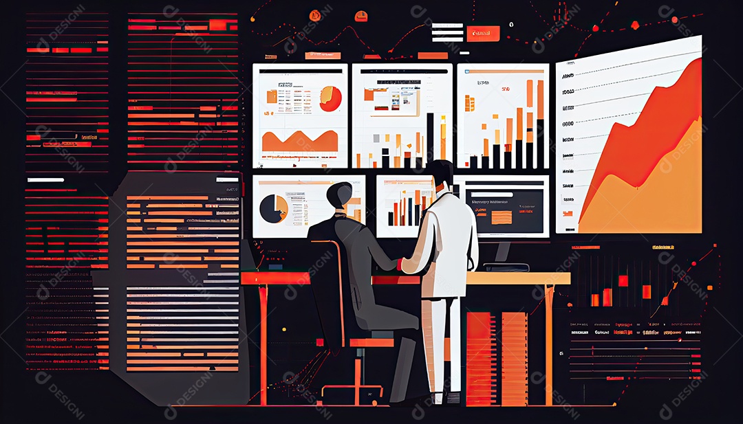 Analista trabalhando no painel de análise de negócios.