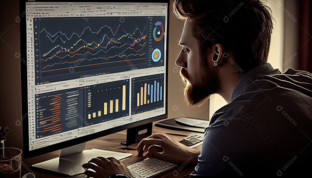Analista trabalhando no painel de análise de negócios.