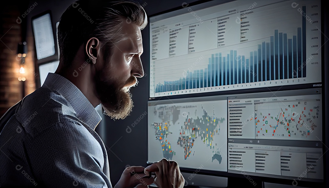 Analista trabalhando no painel de análise de negócios.