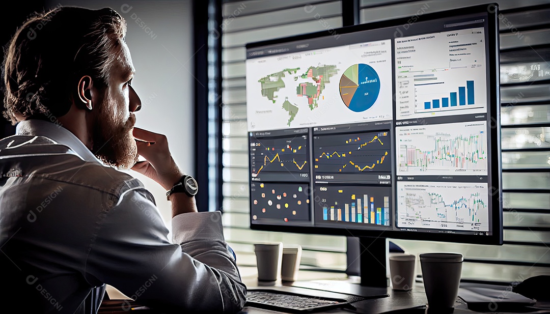 Analista trabalhando no painel de análise de negócios.