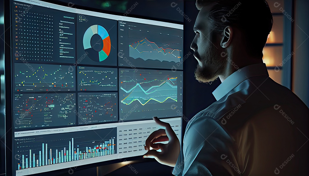 Analista trabalhando no painel de análise de negócios.