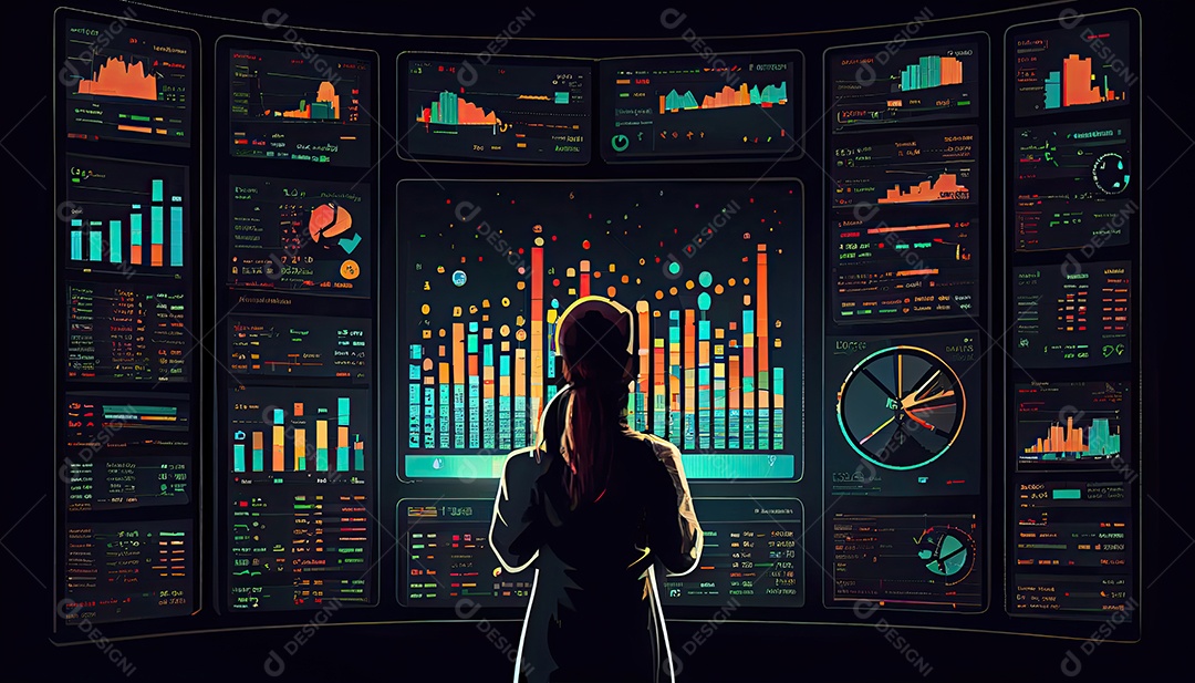 Analista trabalhando no painel de análise de negócios.