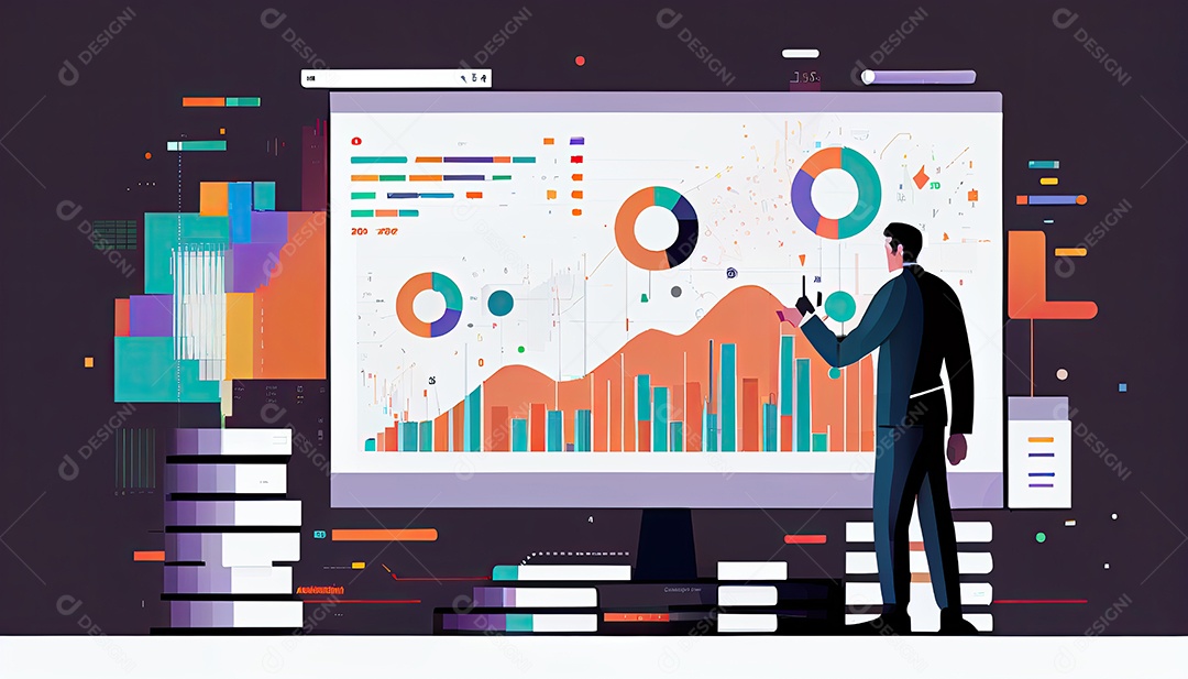 Analista trabalhando no painel de análise de negócios.