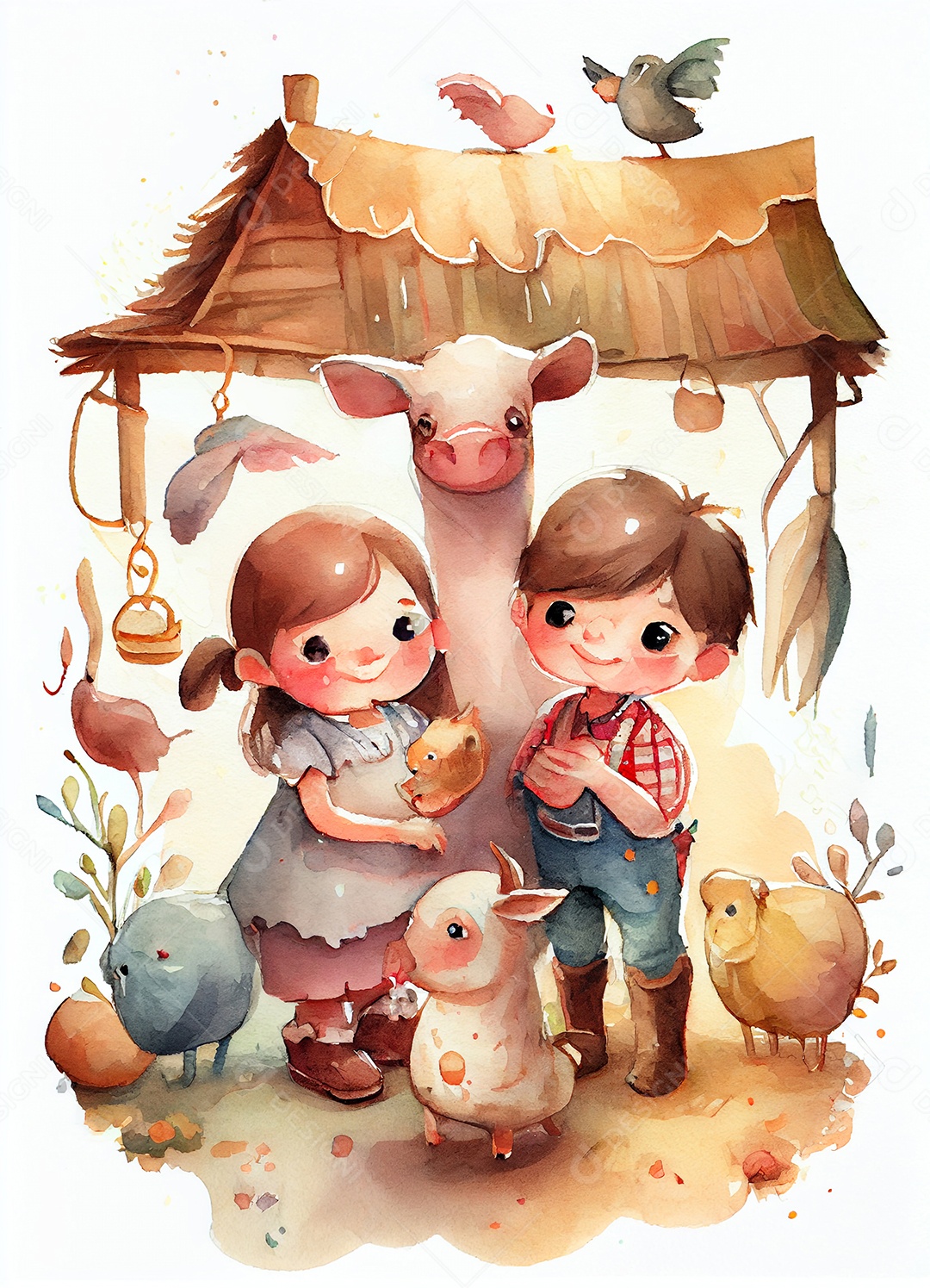 Ilustração crianças com animais na fazenda
