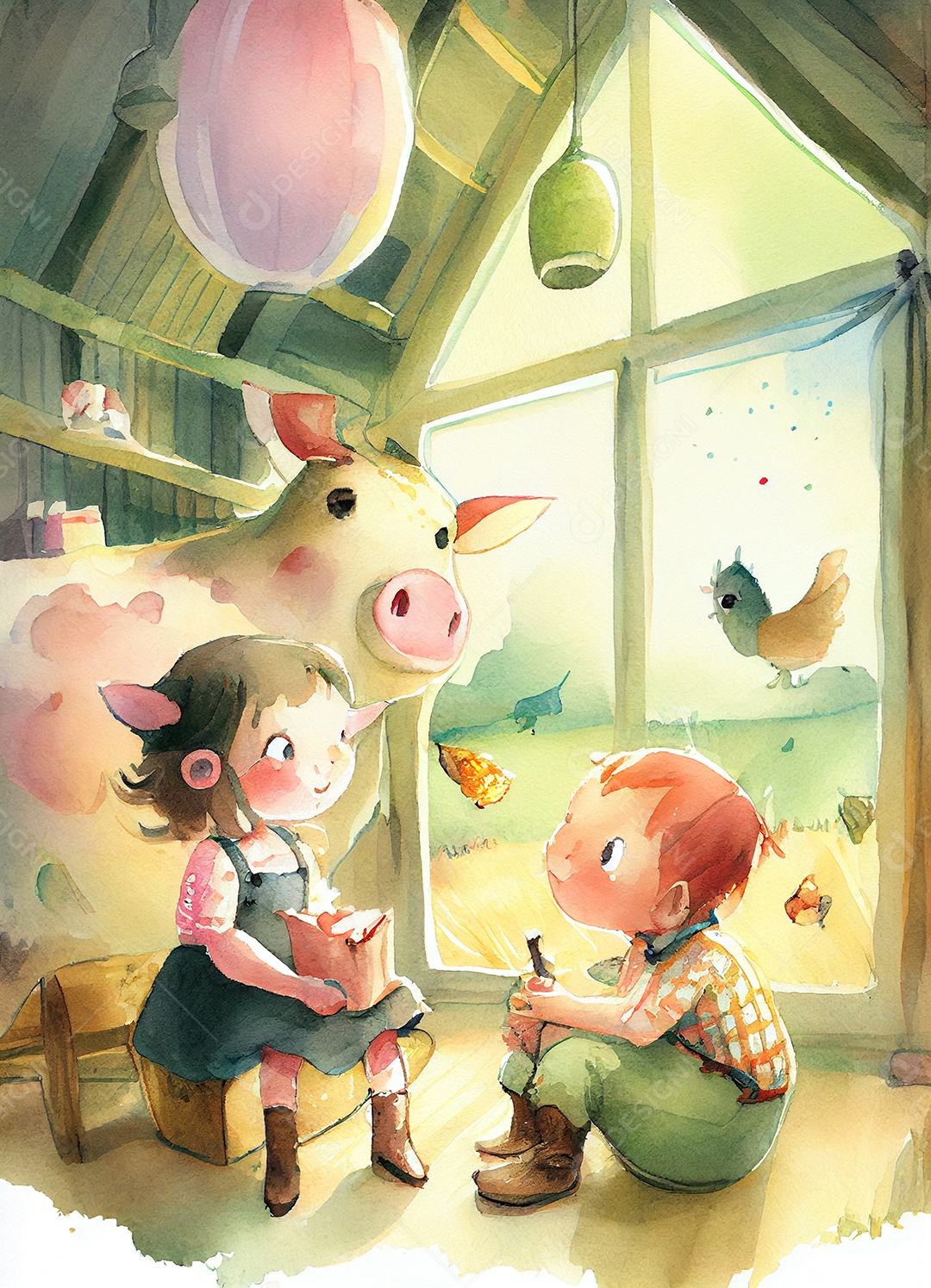 Ilustração crianças com animais na fazenda