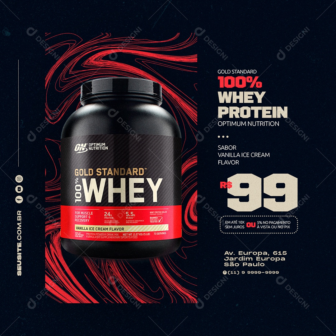 Gold Standard 100% Whey Protein 99,00 Loja de Suplementos Social Media PSD Editável
