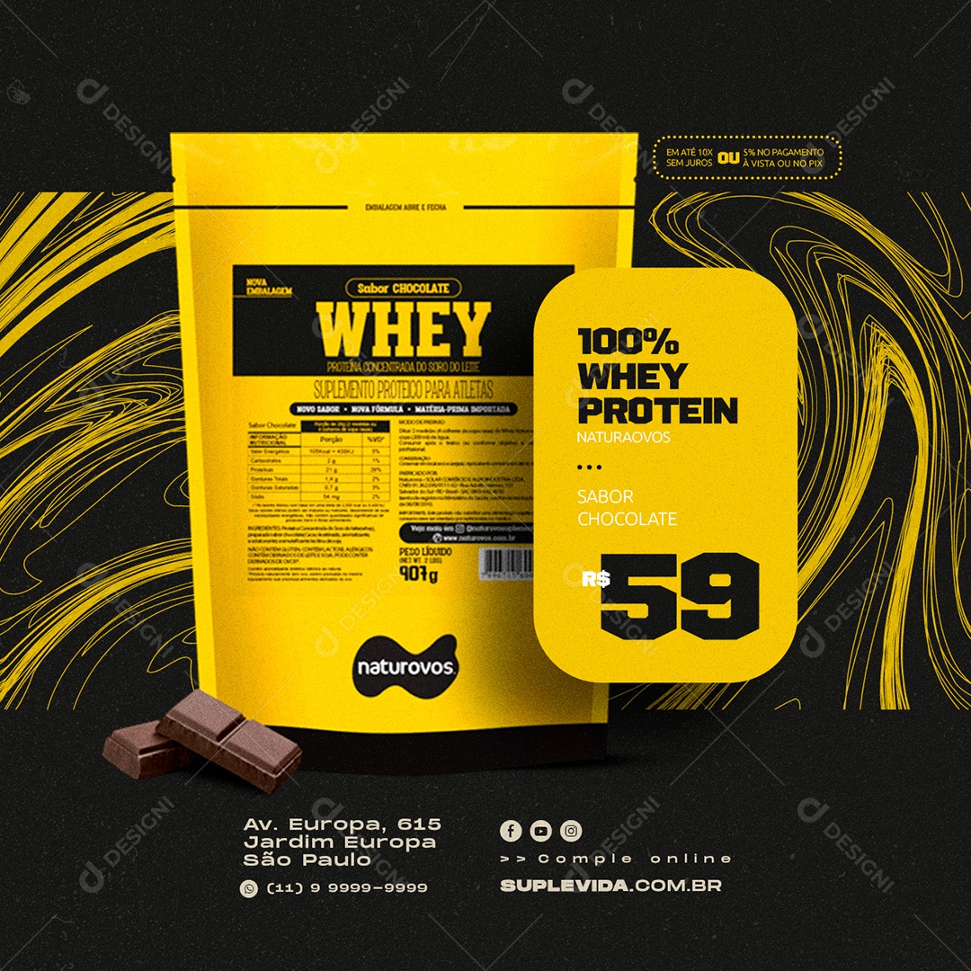 Loja de Suplementos 100% Whey Protein 59,00 Social Media PSD Editável