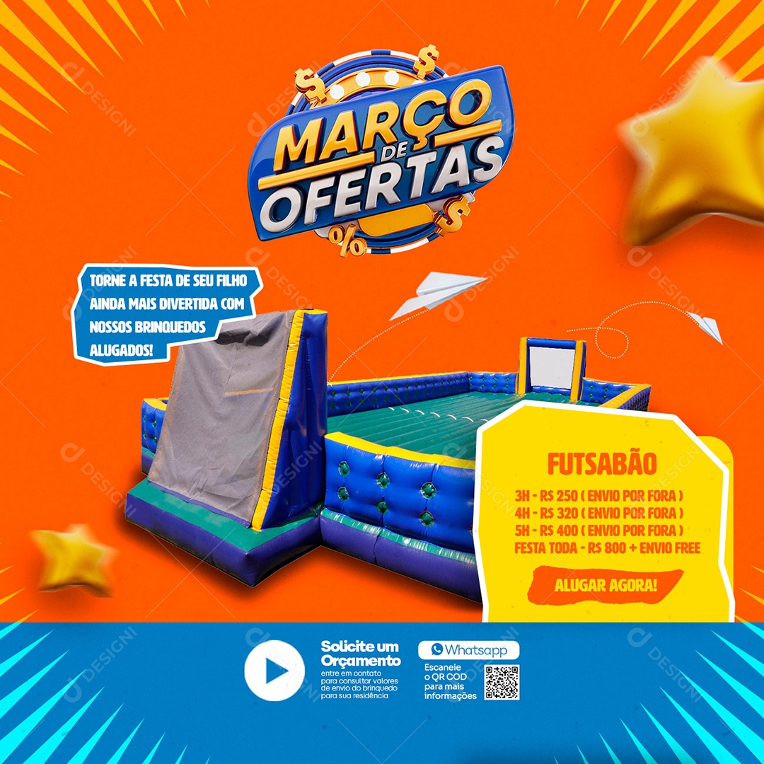 Março De Ofertas Torne A Festa Do Seu Filho Ainda Mais Divertida Aluguel de Brinquedos Social Media PSD Editável