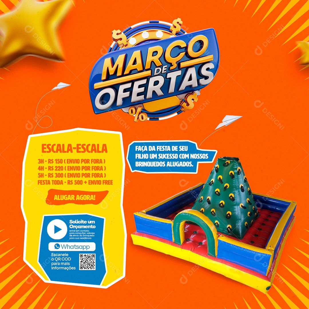 Março De Ofertas Faça Da Festa Do Seu Filho Um Sucesso Aluguel de Brinquedos Social Media PSD Editável