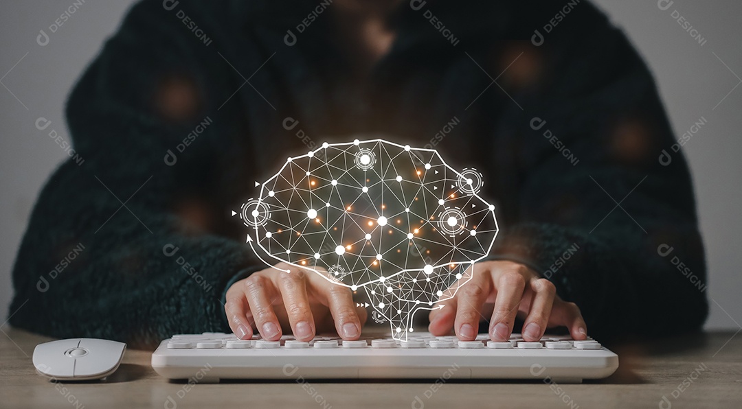 Inteligência artificial. homem usando tecnologia inteligente robô AI, inteligência artificial por entrar no prompt de comando para gerar algo, transformação de tecnologia futurista.