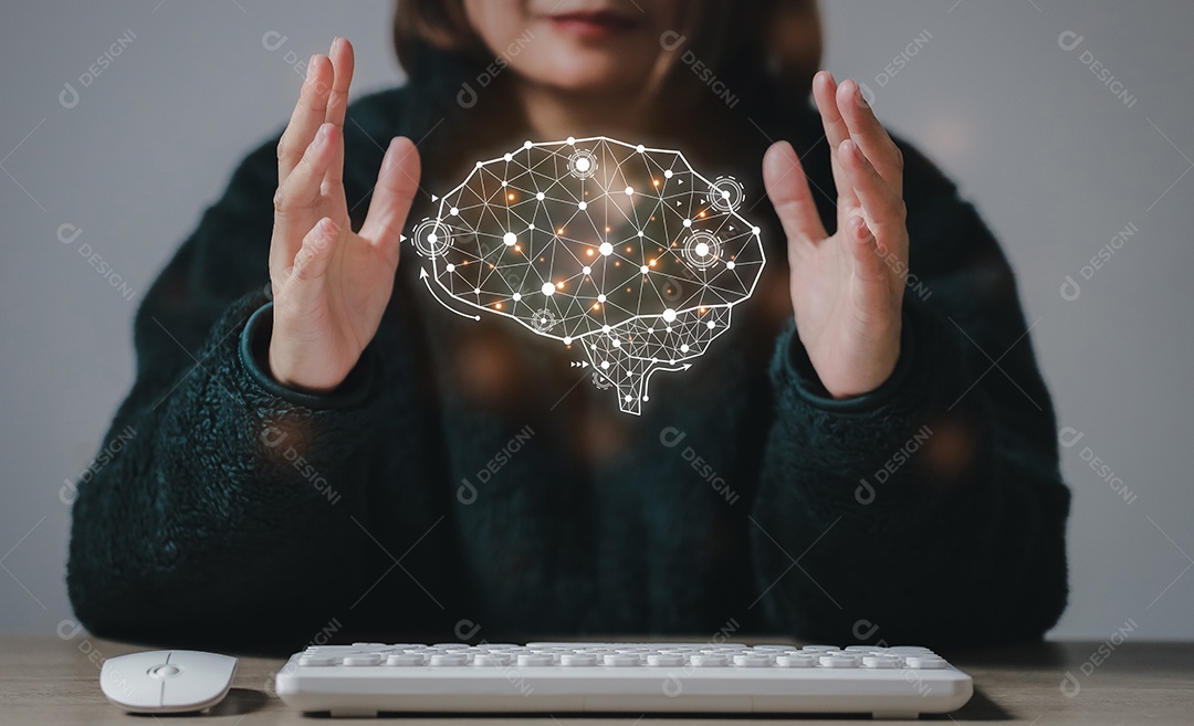 Inteligência artificial. homem usando tecnologia inteligente robô AI, inteligência artificial por entrar no prompt de comando para gerar algo, transformação de tecnologia futurista.