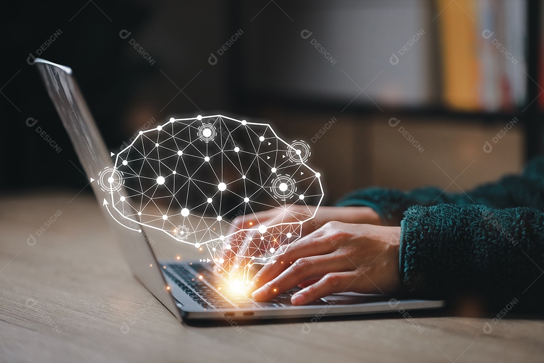 Inteligência artificial. homem usando tecnologia inteligente robô AI, inteligência artificial por entrar no prompt de comando para gerar algo, transformação de tecnologia futurista.