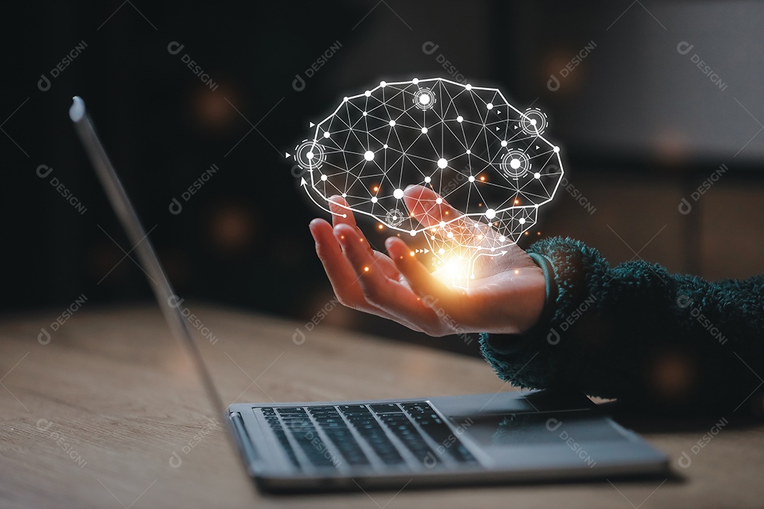 Inteligência artificial. homem usando tecnologia inteligente robô AI, inteligência artificial por entrar no prompt de comando para gerar algo, transformação de tecnologia futurista.