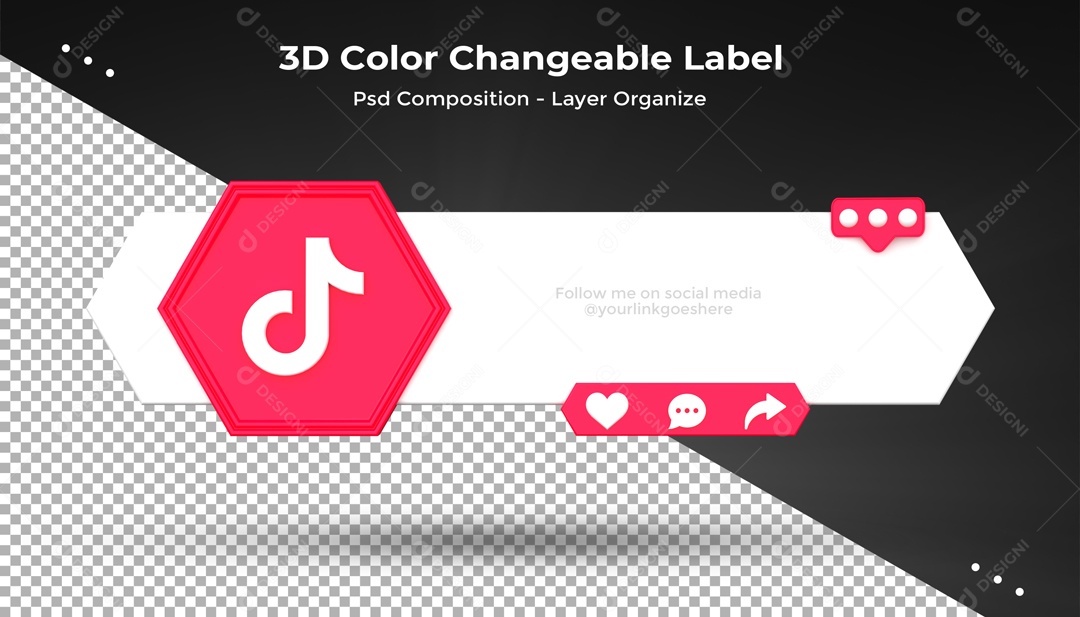 Etiqueta Editável TikTok Rosa Curtir Comentar Compartilhar Elemento 3D PSD