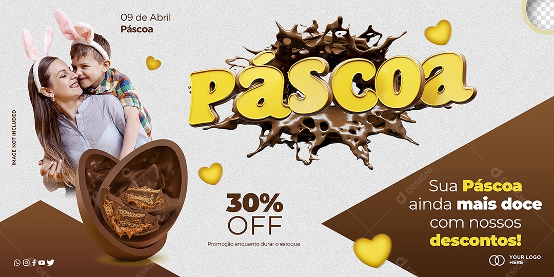 Banner Sua Páscoa Ainda Mais Doce Com Nossos Descontos 30% Off Social Media PSD Editável