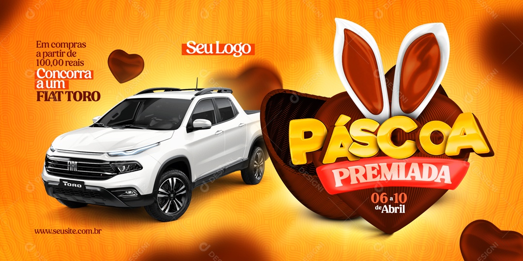 Banner Páscoa Premiada Em Compras Acima de 100,00 Reais Concorra a um Fiat Toro Social Media PSD Editável