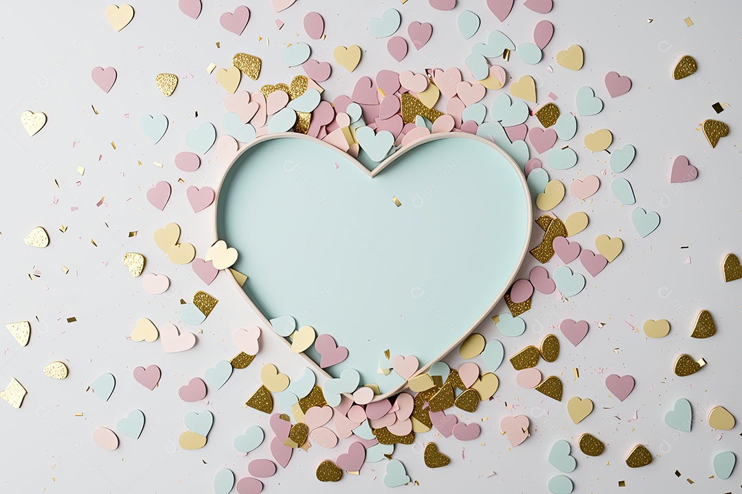 Fundo de confetes coloridos em tons pastéis, com predominância do rosa claro e azul bebê. Os confetes têm tamanhos diferentes e estão distribuídos aleatoriamente na imagem. No centro da imagem, há um grande coração feito de confete dourado. IA generat
