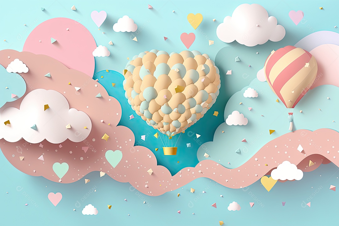Fundo de confetes coloridos em tons pastéis, com predominância do rosa claro e azul bebê. Os confetes são pequenos e agrupados em diferentes formas geométricas, como corações e estrelas. No topo da imagem está um grande balão de ar quente feito de con