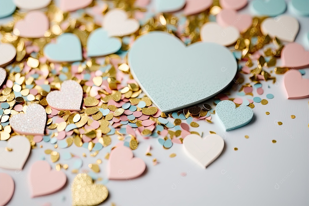 Fundo de confetes coloridos em tons pastéis, com predominância do rosa claro e azul bebê. Os confetes têm tamanhos diferentes e estão distribuídos aleatoriamente na imagem. No centro da imagem, há um grande coração feito de confete dourado