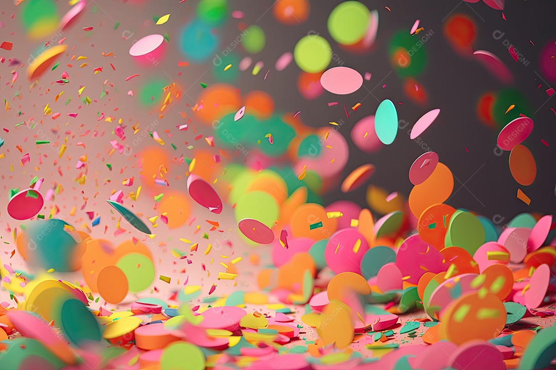 Um fundo de confetes coloridos em tons neon, com predominância de rosa, verde e laranja. Os confetes são pequenos e espalhados aleatoriamente pela imagem. No centro da imagem, há um grande ponto de luz branca que lembra um holofote, criando uma ilumin