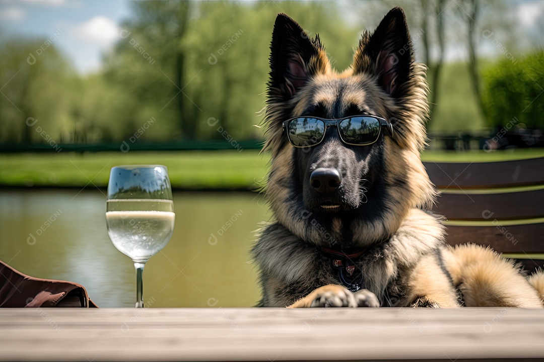 Um cão pastor belga usando óculos escuros, sentado em uma mesa de piquenique em um parque. O cachorro está olhando diretamente para a câmera, com as patas dianteiras apoiadas na mesa. Ao fundo, avistam-se árvores frondosas e um lago com patos. IA gene