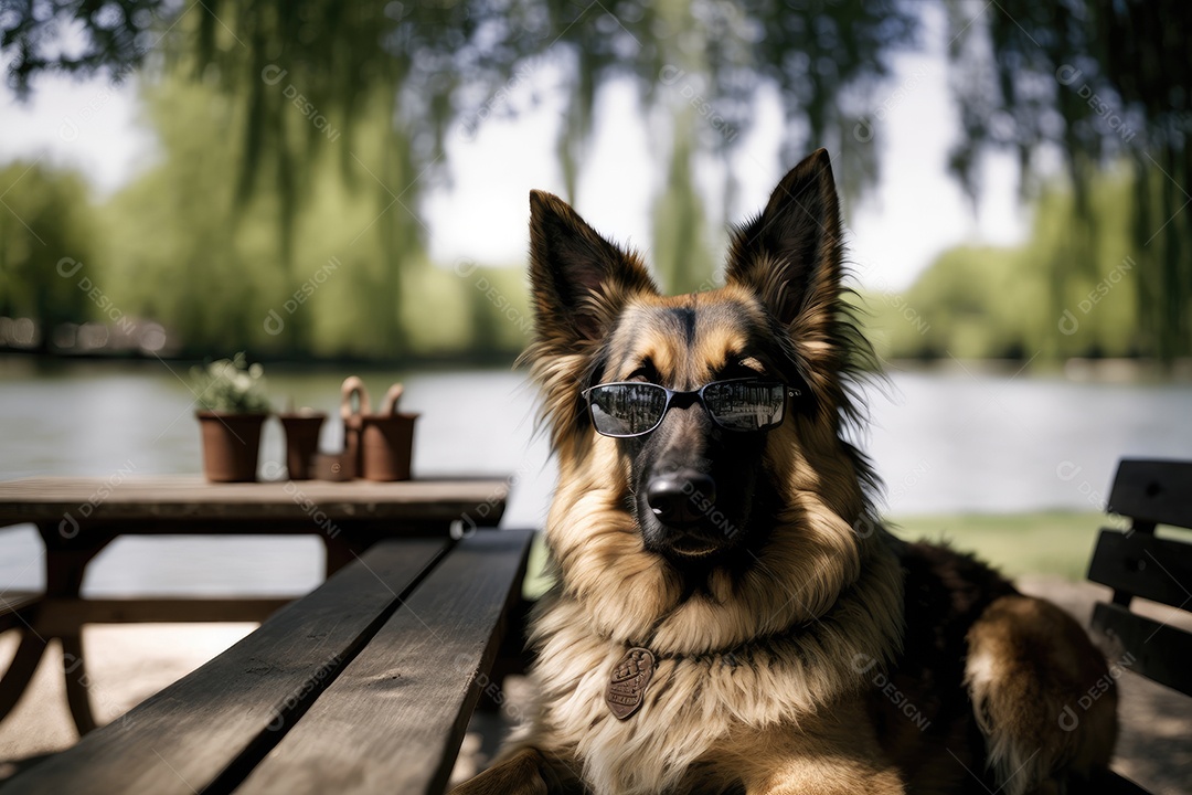 Um cão pastor belga usando óculos escuros, sentado em uma mesa de piquenique em um parque. O cachorro está olhando diretamente para a câmera, com as patas dianteiras apoiadas na mesa. Ao fundo, avistam-se árvores frondosas e um lago com patos. IA gene
