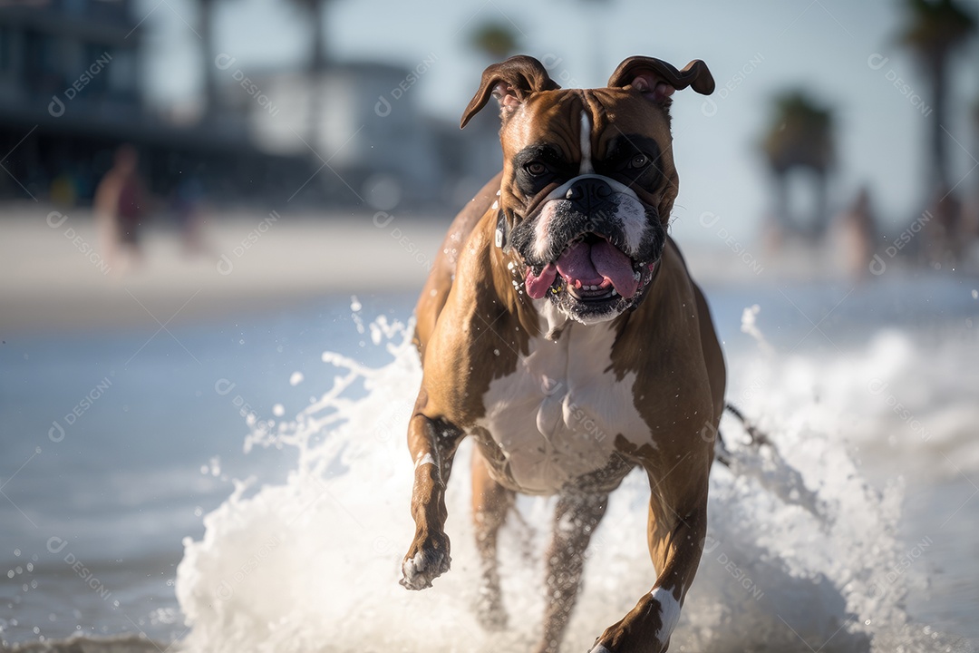 Um cachorro Boxer de óculos escuros, correndo pela praia com a língua de fora. Ao fundo, é possível ver algumas pessoas se divertindo na água. O cachorro está completamente molhado, com água espirrando por todo o corpo. IA Generativa