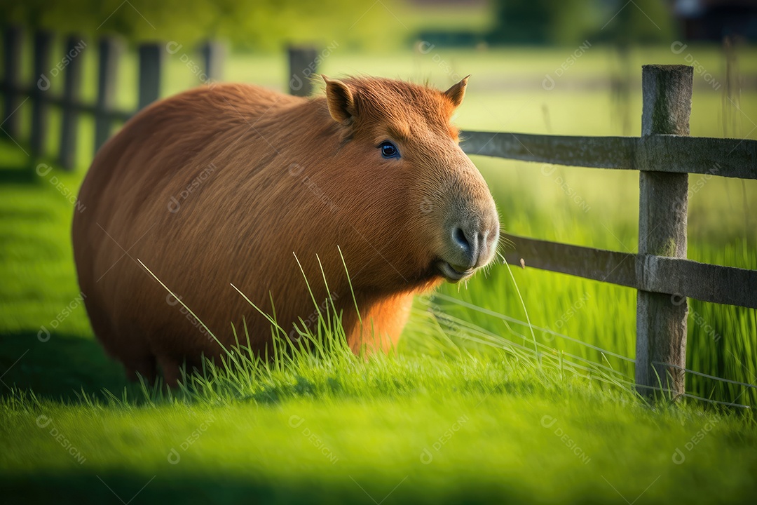 Uma capivara está pastando em um campo verde, sua pelagem marrom-avermelhada brilhando ao sol. Ela parece relaxada e satisfeita, comendo grama verde. Ao fundo, vê-se uma cerca de madeira e uma paisagem verde. IA generativa