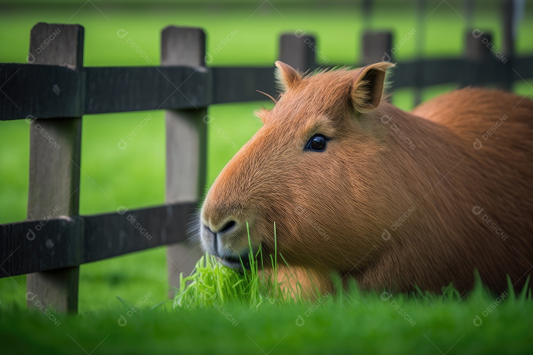 Uma capivara está pastando em um campo verde, sua pelagem marrom-avermelhada brilhando ao sol. Ela parece relaxada e satisfeita, comendo grama verde. Ao fundo, vê-se uma cerca de madeira e uma paisagem verde. IA generativa