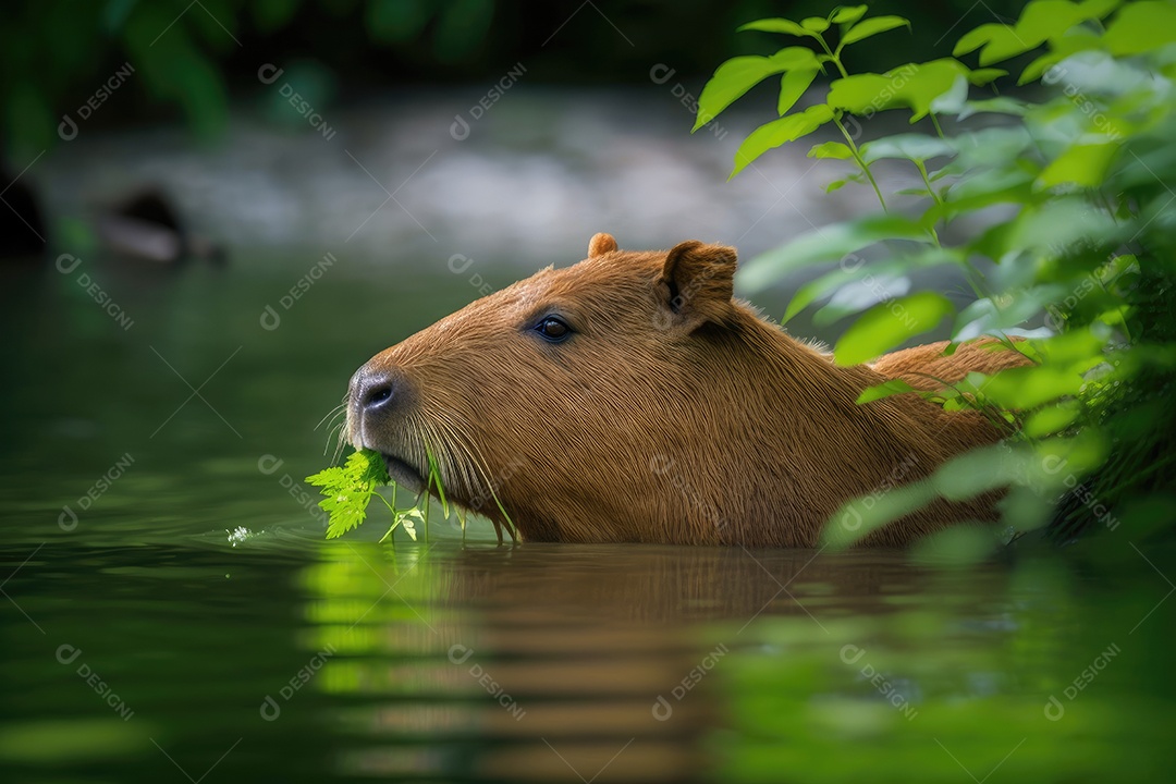 Uma capivara está deitada na margem de um rio, com o pelo castanho-avermelhado molhado. Ela está comendo uma folha verde e parece calma e pacífica. Ao fundo, vê-se uma densa vegetação e o fluxo suave do rio. IA generativa