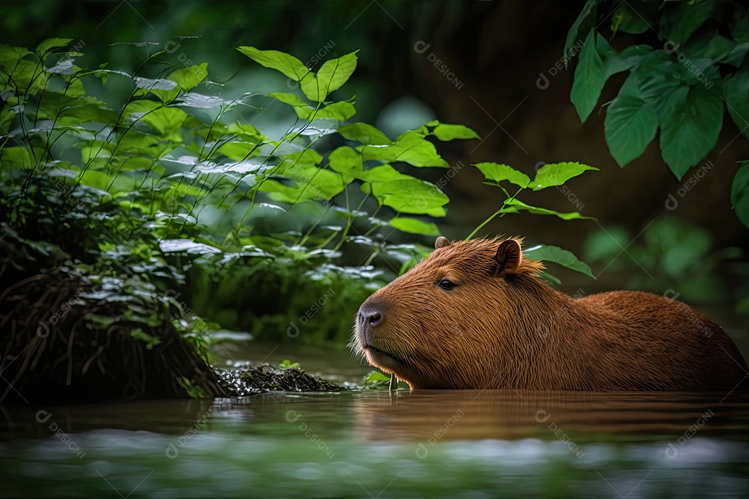 Uma capivara está deitada na margem de um rio, com o pelo castanho-avermelhado molhado. Ela está comendo uma folha verde e parece calma e pacífica. Ao fundo, vê-se uma densa vegetação e o fluxo suave do rio. IA generativa