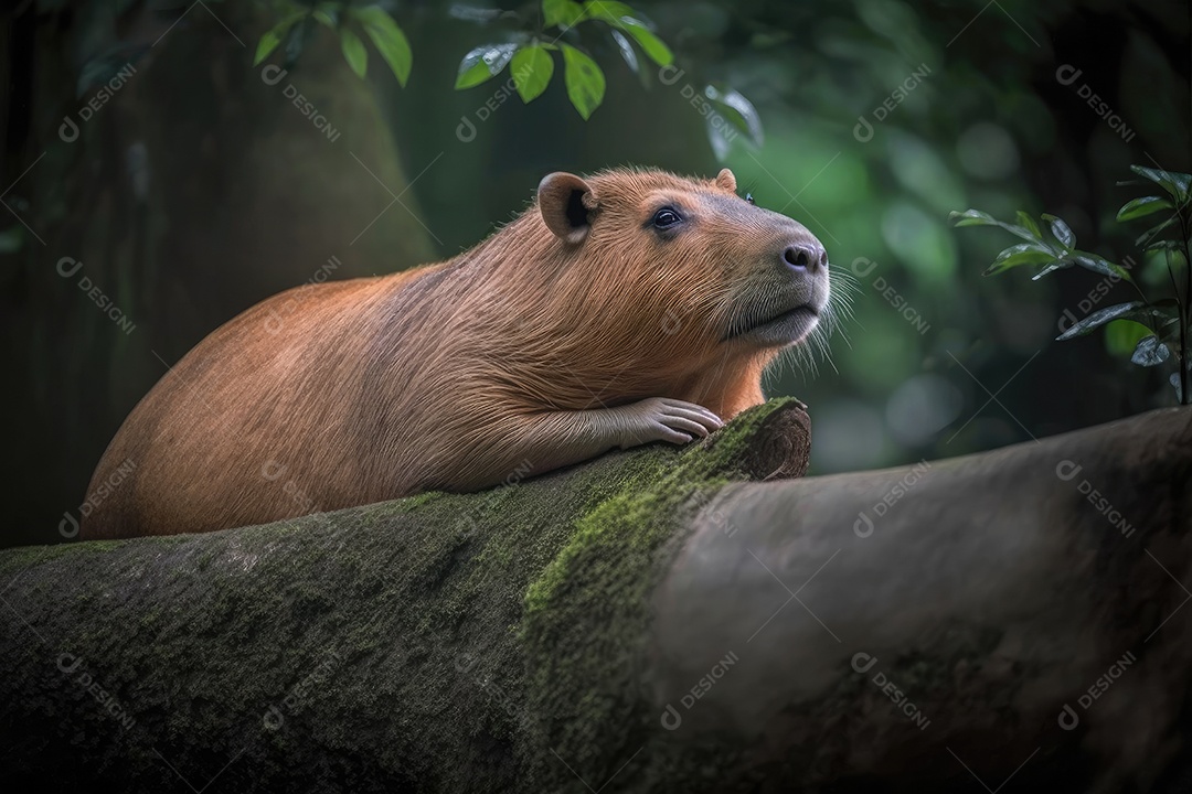 Uma capivara está descansando em um tronco de árvore caído em uma floresta densa e úmida. Seu pelo castanho-avermelhado está molhado e seus olhos estão quase fechados, parecendo que estão curtindo um momento de silêncio. Ao fundo, vê-se uma densa vege