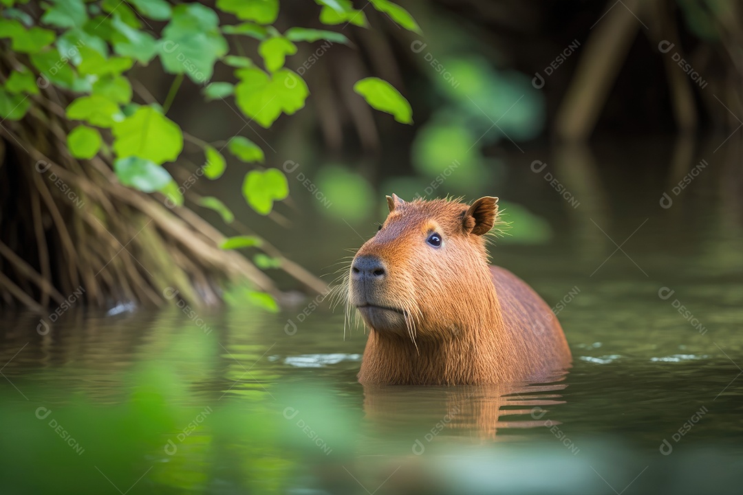 Uma capivara está nadando em um rio, seu pelo castanho-avermelhado molhado. Ela tem um ar curioso e parece estar observando algo nas margens do rio. Ao fundo, árvores e arbustos da floresta podem ser vistos. IA generativa