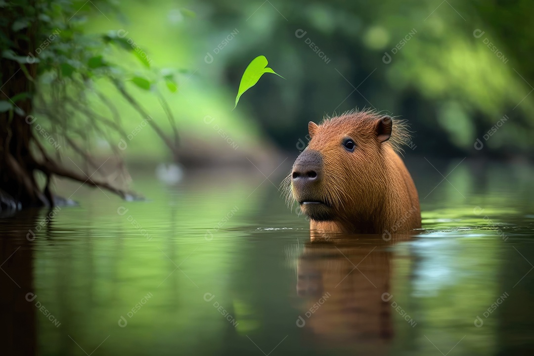 Uma capivara está nadando em um rio, seu pelo castanho-avermelhado molhado. Ela tem um ar curioso e parece estar observando algo nas margens do rio. Ao fundo, árvores e arbustos da floresta podem ser vistos. IA generativa