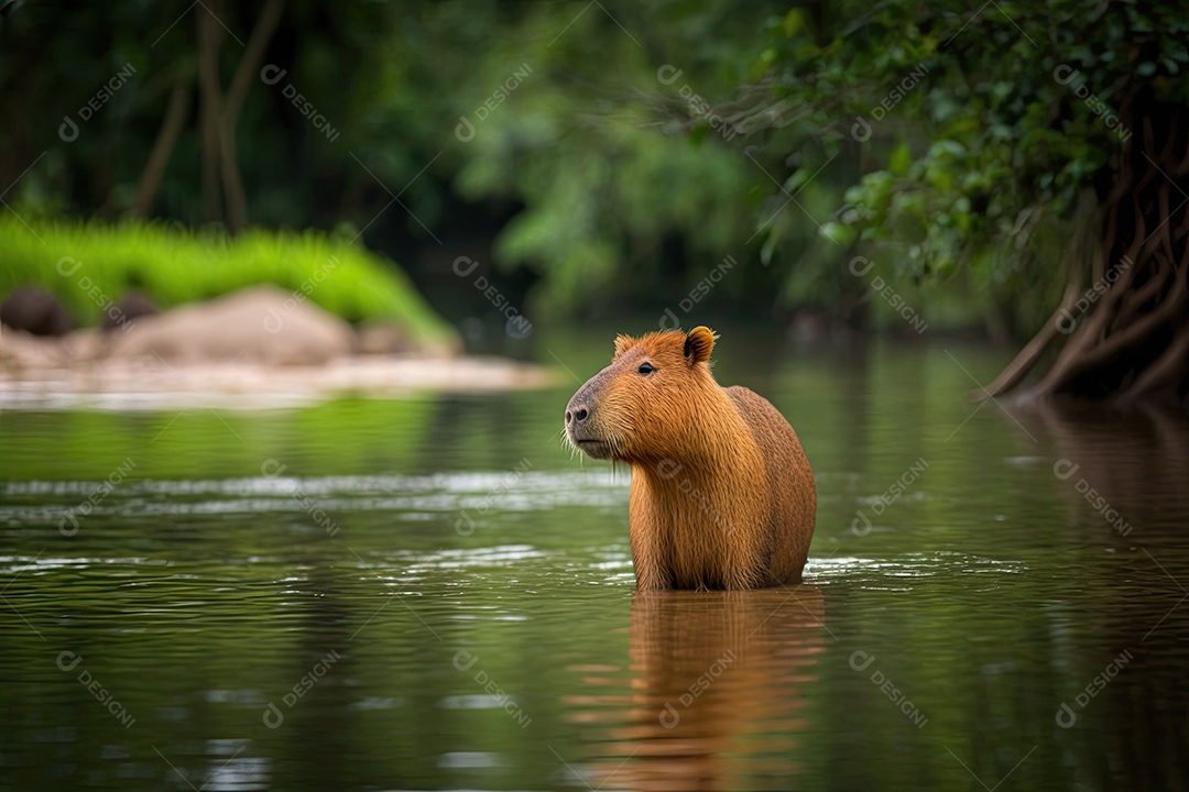 Uma capivara está nadando em um rio, seu pelo castanho-avermelhado molhado. Ela tem um ar curioso e parece estar observando algo nas margens do rio. Ao fundo, árvores e arbustos da floresta podem ser vistos.