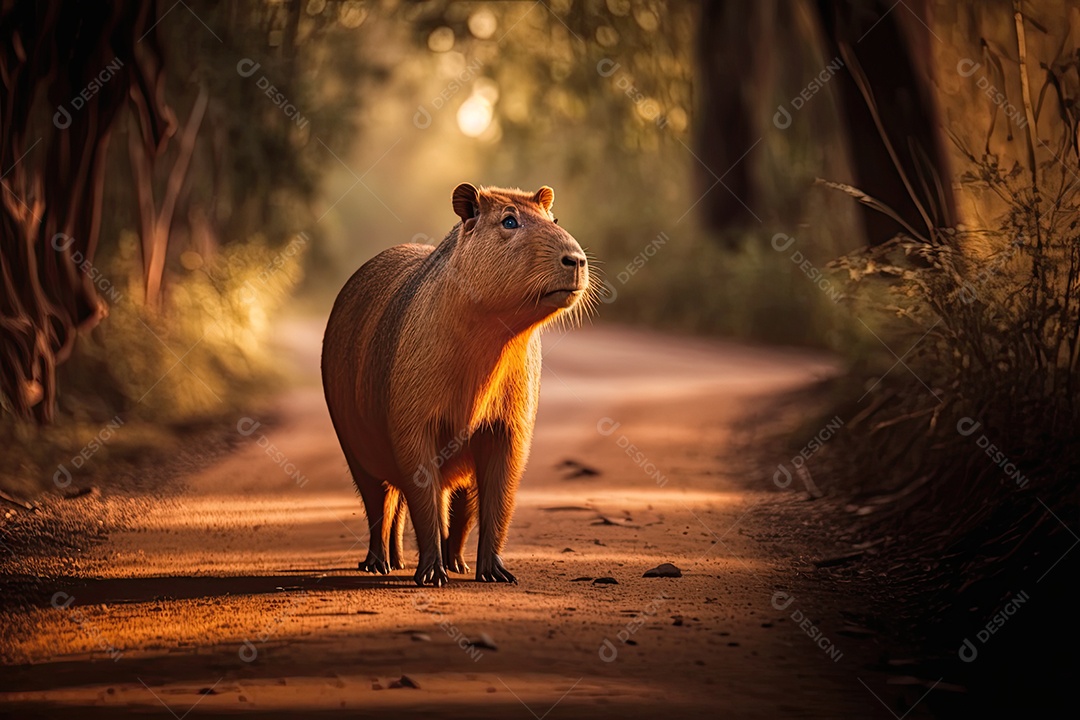 Uma capivara está caminhando por uma trilha de terra na floresta, sua pelagem castanho-avermelhada brilhando na luz filtrada pelas árvores. Ela parece alerta e pronta para qualquer coisa que possa aparecer em seu caminho. Ao fundo, vê-se uma densa veg