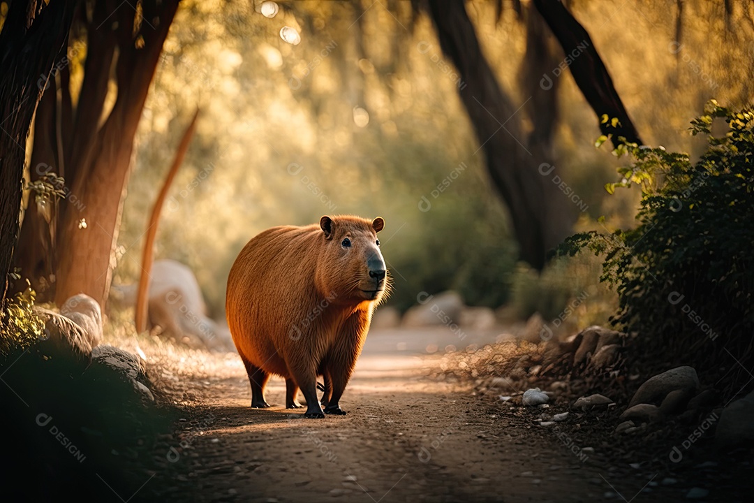 Uma capivara está caminhando por uma trilha de terra na floresta, sua pelagem castanho-avermelhada brilhando na luz filtrada pelas árvores. Ela parece alerta e pronta para qualquer coisa que possa aparecer em seu caminho. Ao fundo, vê-se uma densa veg