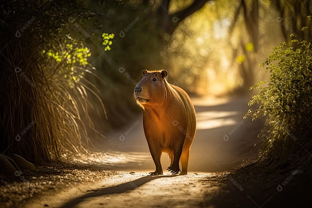 Uma capivara está caminhando por uma trilha de terra na floresta, sua pelagem castanho-avermelhada brilhando na luz filtrada pelas árvores. Ela parece alerta e pronta para qualquer coisa que possa aparecer em seu caminho. Ao fundo, vê-se uma densa veg