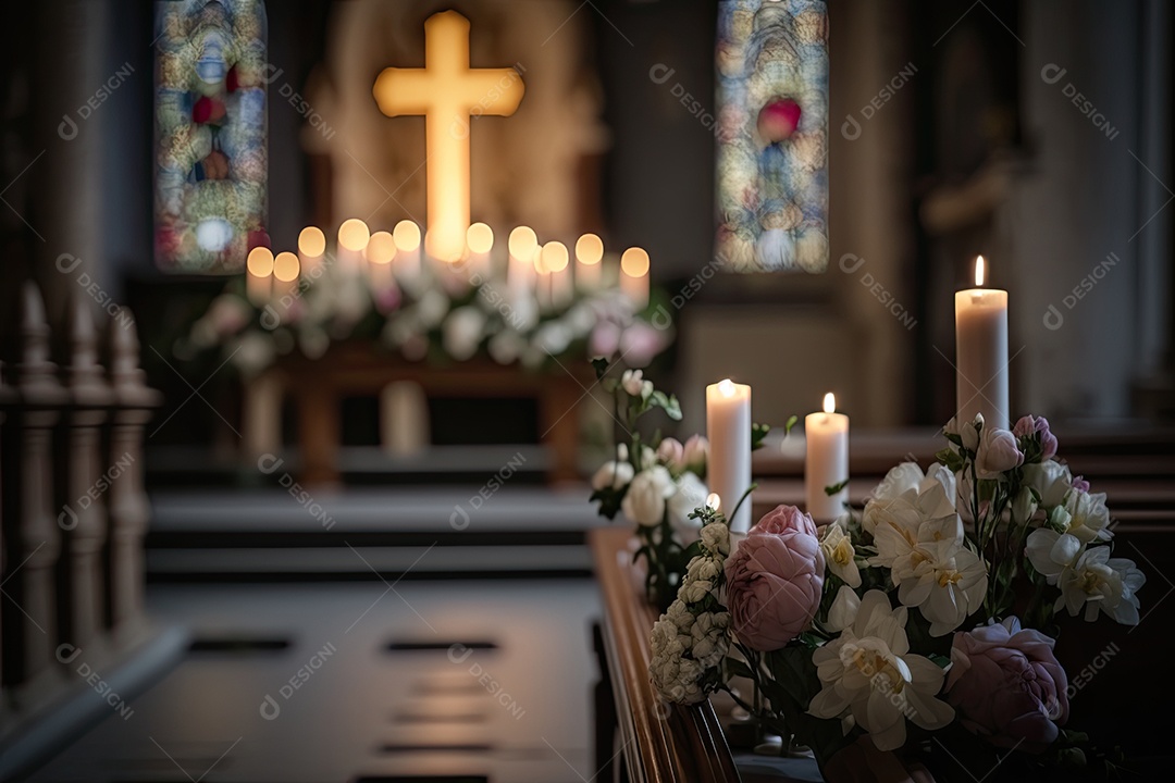 Uma igreja decorada para a Páscoa, com muitas flores, velas e uma grande cruz iluminada no altar. Os bancos da igreja estão vazios e a iluminação é suave e difusa, criando um ambiente calmo e sereno. IA generativa