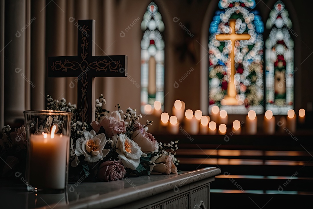 Uma igreja decorada para a Páscoa, com muitas flores, velas e uma grande cruz iluminada no altar. Os bancos da igreja estão vazios e a iluminação é suave e difusa, criando um ambiente calmo e sereno. IA generativa