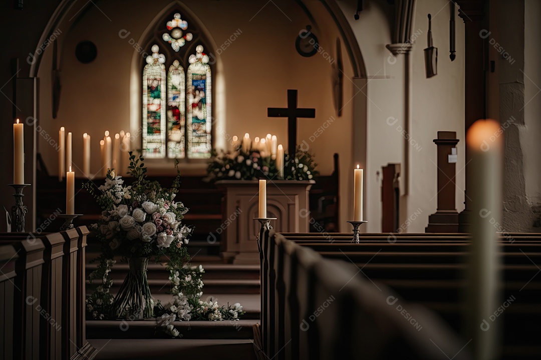 Uma igreja decorada para a Páscoa, com muitas flores, velas e uma grande cruz iluminada no altar. Os bancos da igreja estão vazios e a iluminação é suave e difusa, criando um ambiente calmo e sereno. IA generativa