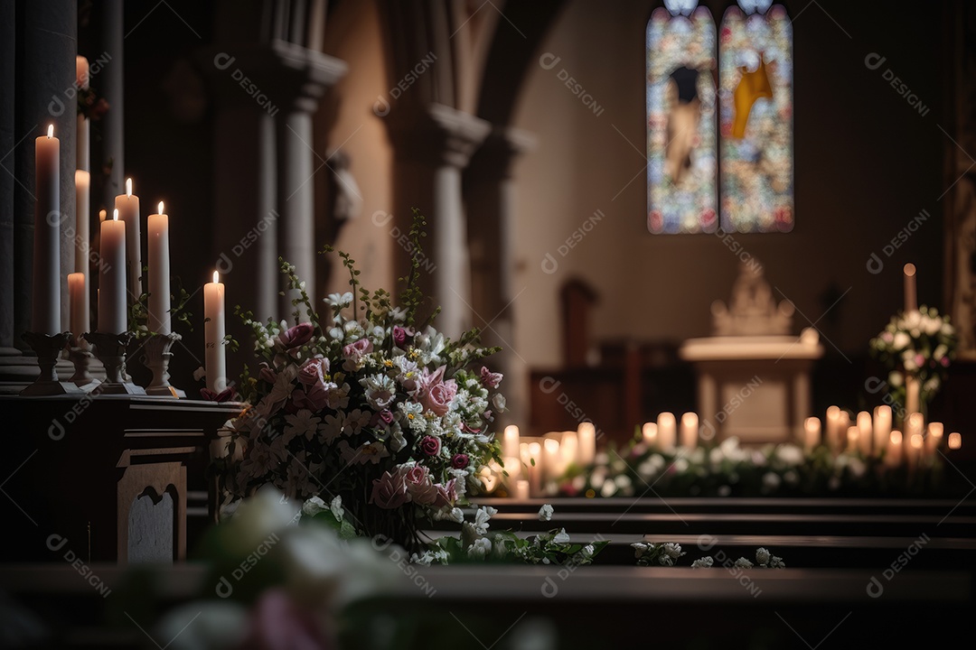 Uma igreja decorada para a Páscoa, com muitas flores, velas e uma grande cruz iluminada no altar. Os bancos da igreja estão vazios e a iluminação é suave e difusa, criando um ambiente calmo e sereno