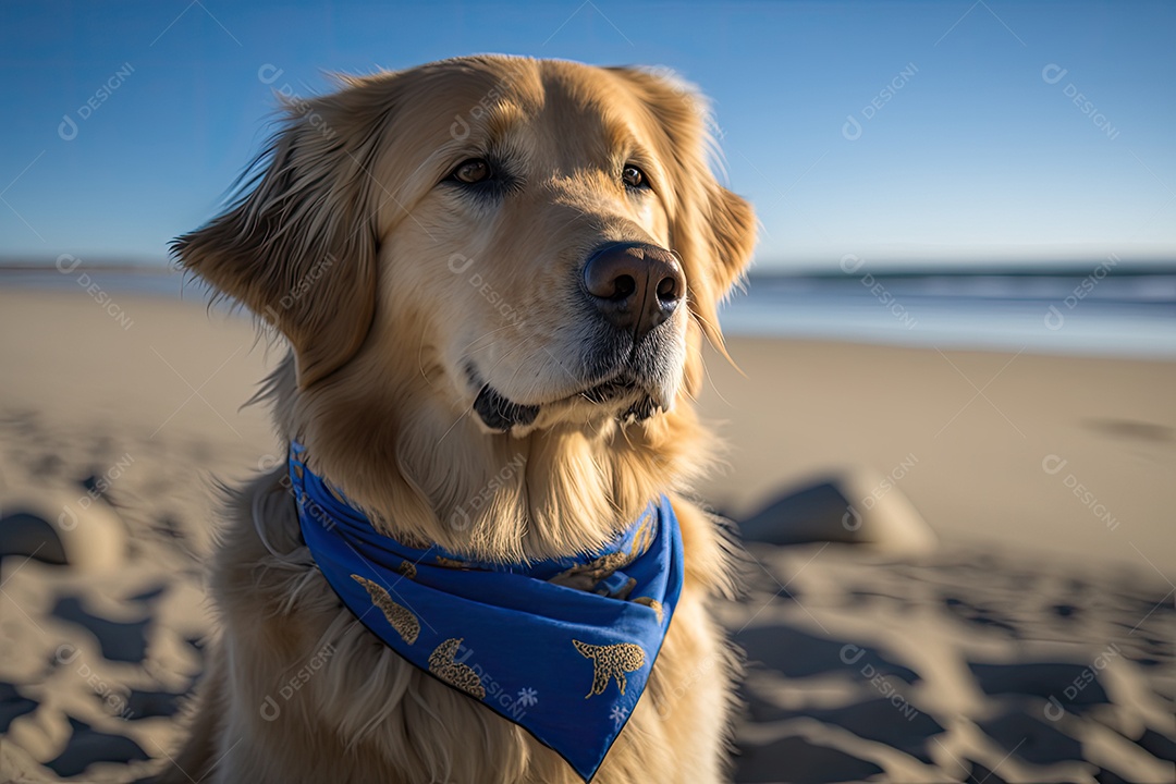 Um cão bonito da raça Golden Retriever com uma pata levantada em uma praia deserta. Ele está usando uma bandana azul em volta do pescoço e tem uma expressão serena no rosto. Ao fundo, você pode ver o oceano e o céu azul. IA generativa