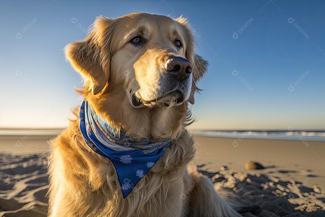 Um cão bonito da raça Golden Retriever com uma pata levantada em uma praia deserta. Ele está usando uma bandana azul em volta do pescoço e tem uma expressão serena no rosto. Ao fundo, você pode ver o oceano e o céu azul. IA generativa
