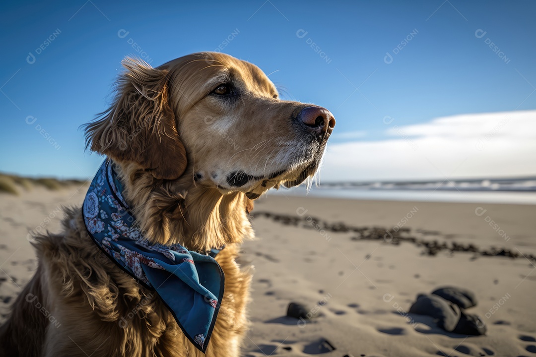 Um cão bonito da raça Golden Retriever com uma pata levantada em uma praia deserta. Ele está usando uma bandana azul em volta do pescoço e tem uma expressão serena no rosto. Ao fundo, você pode ver o oceano e o céu azul. IA generativa