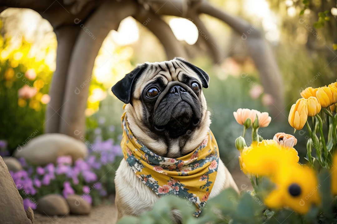 Um cão bonito da raça Pug com uma pata levantada em um jardim florido. Ele está usando um lenço amarelo em volta do pescoço e tem uma expressão curiosa no rosto. Ao fundo, vê-se um mirante e algumas árvores frutíferas.