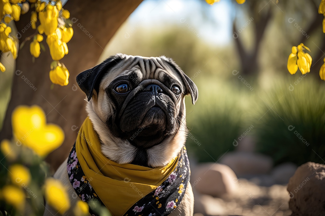 Um cachorro está parado em um jardim, usando um par de óculos de sol Oakley envolventes. O cão parece estar observando algo atentamente, mantendo sua postura ereta