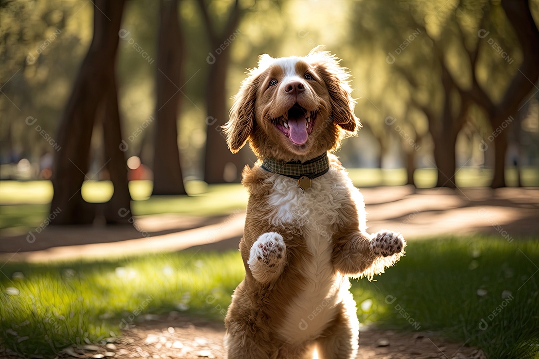 Um cachorro fofo de tamanho médio com a pata para cima em um parque ensolarado. Ele está usando uma coleira vermelha e tem uma expressão feliz no rosto. Ao fundo, é possível ver árvores e algumas pessoas caminhando. IA generativa